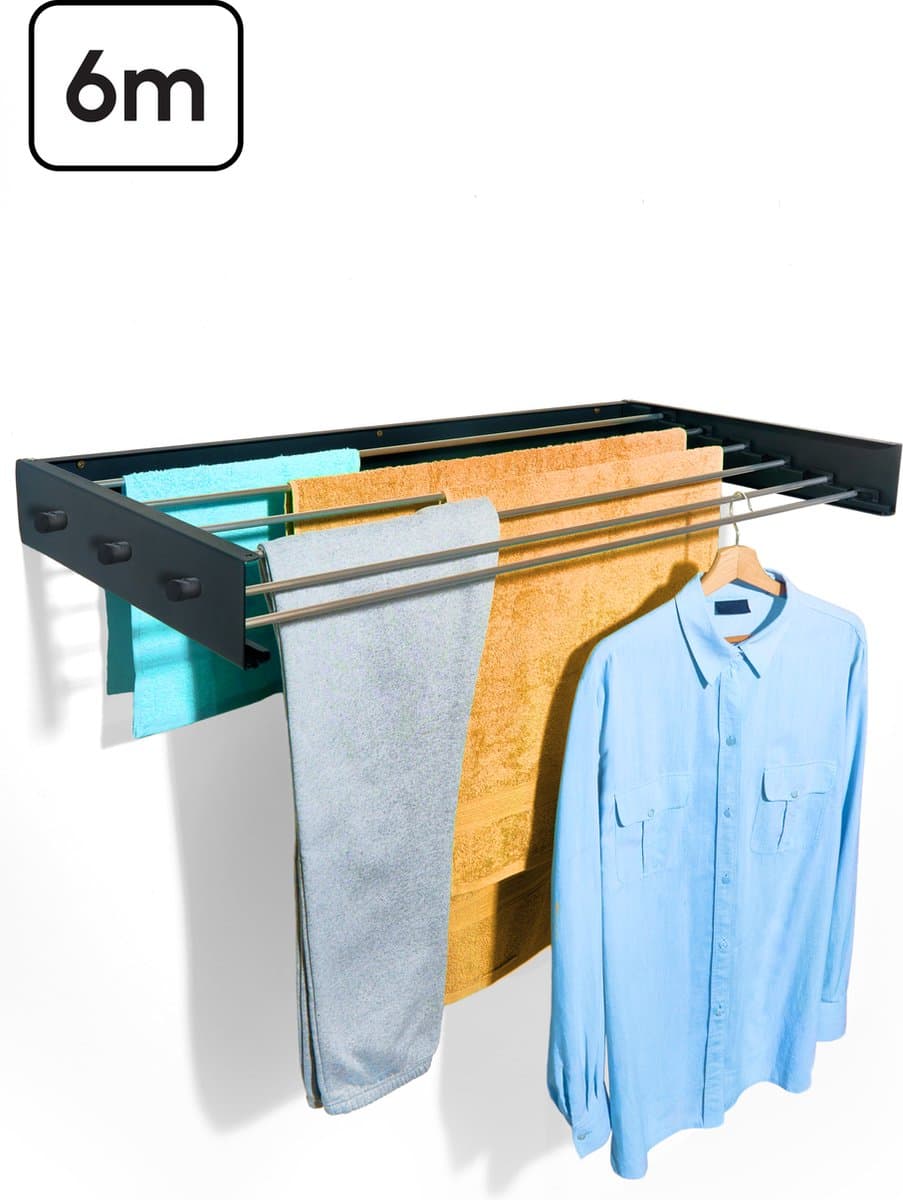 Bodo® In- en uitklapbaar droogrek met Ophanghaken - Zwart - 6m Drooglengte — afbeelding 1