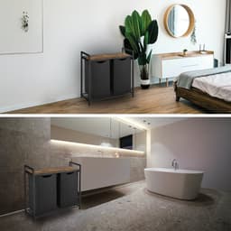 BRASQ Wasmand 2 vakken - Wassorteerder 76 Liter - Uitschuifbaar met Plank 73x33x71 cm - Wasbox Zwart Metaal - Bruin hout - Basket — thumbnail 3
