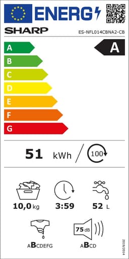 Sharp ESNFL014CBNA2BX - wasmachine - 10 Kg - energie label A - 1400 toeren - automatisch doseersysteem - wifi - mat zwart — thumbnail 2