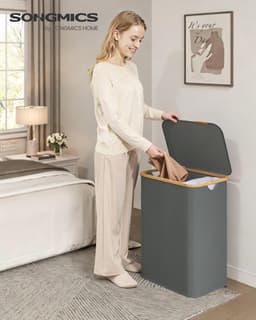 SONGMICS LCB519GN01 - Wasmand met Deksel - 2 Compartimenten - Opvouwbaar en Bamboe Frame — thumbnail 3