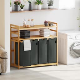 RONN® Wasmand 4 Vakken - Wassorteerder - Wasmand - Bamboe Frame - Donkergrijs - 103cm x 42cm x 101cm; 14 kg — thumbnail 2
