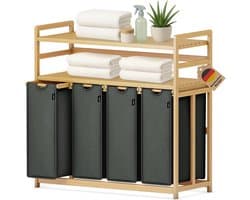 RONN® Wasmand 4 Vakken - Wassorteerder - Wasmand - Bamboe Frame - Donkergrijs - 103cm x 42cm x 101cm; 14 kg