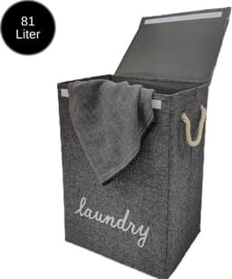 Janse® Wasmand grijs met wit - Stevige opvouwbare wasmand met deksel - 81 Liter - Met handvatten - Laundry basket - Badkamer organizer - Opbergbak - Ruime wassorteerder — thumbnail 1