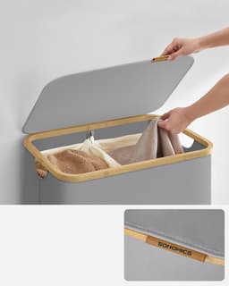 SONGMICS Wasmand met 2 vakken, 130 l, wasverzamelaar met deksel, opvouwbaar, uitneembare waszak, Oxford-weefsel, handgrepen van bamboe, inklapbaar, 52 x 38,5 x 70,5 cm, duifgrijs LCB513G01 — thumbnail 3
