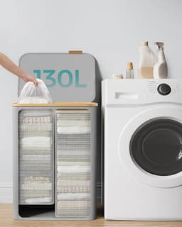SONGMICS Wasmand met 2 vakken, 130 l, wasverzamelaar met deksel, opvouwbaar, uitneembare waszak, Oxford-weefsel, handgrepen van bamboe, inklapbaar, 52 x 38,5 x 70,5 cm, duifgrijs LCB513G01 — thumbnail 2