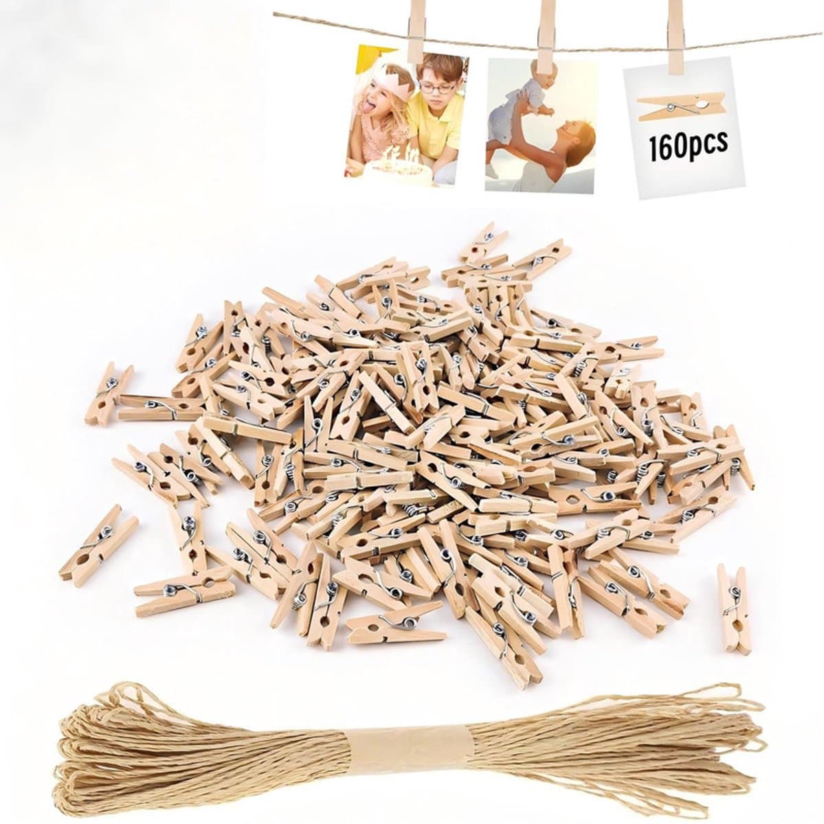 Memoklemmen met houten wasknijpers - 160 klemmen + 10 m jute touw - Afmeting klem: 2,5 x 0,3 cm - Diameter touw: 1,5 mm - Houten klemmen - Touw - Jute touw - Opbergklemmen - Fotoklemmen - Mini wasknijpers - Bruiloft wasknijpers - Geschikt voor DIY — afbeelding 1