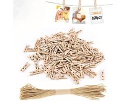 Memoklemmen met houten wasknijpers - 160 klemmen + 10 m jute touw - Afmeting klem: 2,5 x 0,3 cm - Diameter touw: 1,5 mm - Houten klemmen - Touw - Jute touw - Opbergklemmen - Fotoklemmen - Mini wasknijpers - Bruiloft wasknijpers - Geschikt voor DIY — afbeelding 1