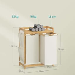 Dubbele compartiment wasmand Grote capaciteit 2x50L Voor gesorteerd opbergen Met plank, zijvak en afneembare waszak Stevig bamboe frame Voor thuis, slaapkamer en woonkamer 63x33x78cm naturel+wit — thumbnail 2