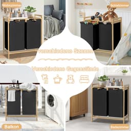 Froadp Wasmand bamboe frame 2 vakken 36 l 73 x 64 x 33,5 cm Wasmand met opbergvak Waszak Wasbox van Oxford-stof Wasbak houten waszakken voor wasruimte slaapkamer - zwart — thumbnail 5