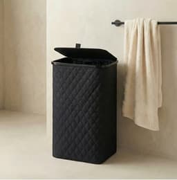 MAZAZU Wasmand met Deksel - Diamond Stitch - 100 Liter - Uitneembare Binnenzak - Bamboe Frame - Zwart - Opvouwbare Wasbox - 44x33x69 cm — thumbnail 4