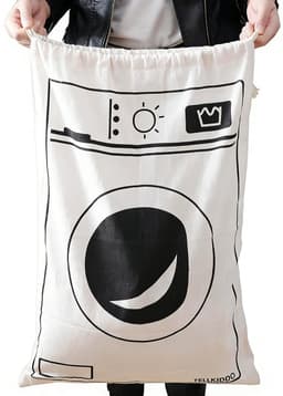 Waszak - Met Wasmachine Print - 50 x 60 cm - Grote waszak - Wasgoed Opbergtas met Trekkoord - Badkamer Was Zak - Laundry Bag - Reiswaszak - Waszakken voor wasgoed - Opbergtas - Waszakken - Wit/Zwart — thumbnail 1