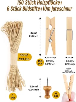 150 Houten Knijpers met Jute Touw voor Fotomuur en Decoratie — thumbnail 3