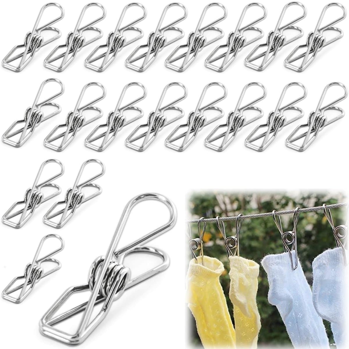 Verpakking van 20 kledingclips - lakenclips - metalen veerclips - sluitclips - winddichte sokkenclips - ophangclips voor voorwerpen - geschikt voor kleding, foto's, voedselzakken, handdoeken, kantoorartikelen (5,6*1,3 cm - zilver) — afbeelding 1