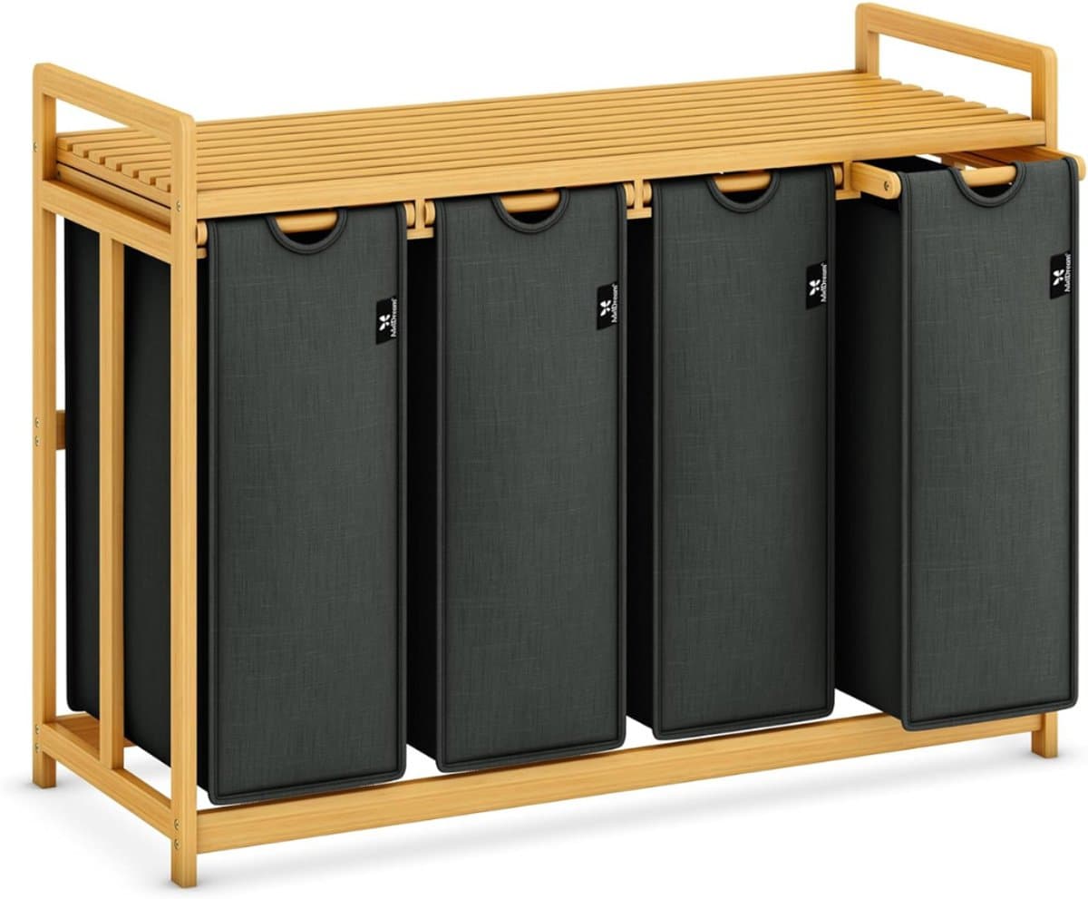 Aurixi® Wassorteerder 4 vakken - Wasmand 4 vakken 200 Liter - Wasmand Met Opbergplank –Grijs - 103cm x 42cm x 77cm — afbeelding 1