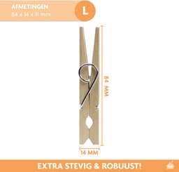 LaundrySpecialist 288x Houten Wasknijpers (84mm) - Wasknijpers - Wasknijpers hout - 288 stuks - Knijpers - Houten Knijpers — thumbnail 5