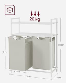 Vasagle Wasmand, wassorteerder met 2 uittrekbare en verwijderbare zakken, 2 planken, 46 l inhoud per zak, voor de wasruimte, wit — thumbnail 2