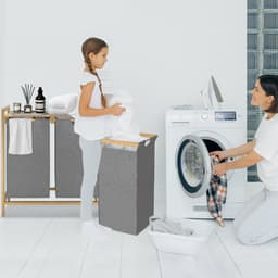 Wasmand van Oxford-weefsel, 2 x 36 liter, 2 vakken, afneembare wasverzamelaar met plank en bamboeframe, waszak, uittrekbaar, efficiënte wasopslag voor bijkeuken, grijs NAIZY — thumbnail 3