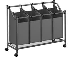 Songmics Wasmand met wielen, wasmand met 4 verwijderbare waszakken, waswagen, wasmand, voor wasruimte, slaapkamer, badkamer, 4 x 45 L, leisteengrijs RLS103G01