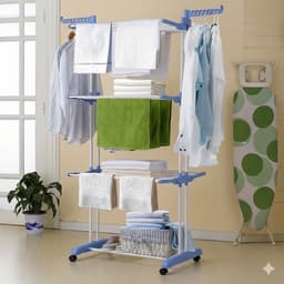 4-Laags Opvouwbaar Wasdroogrek Blauw/Wit – Met Wielen – Ruimtebesparende Wasdroogtoren met 6 Vleugels – Stevig Metalen Frame — thumbnail 1