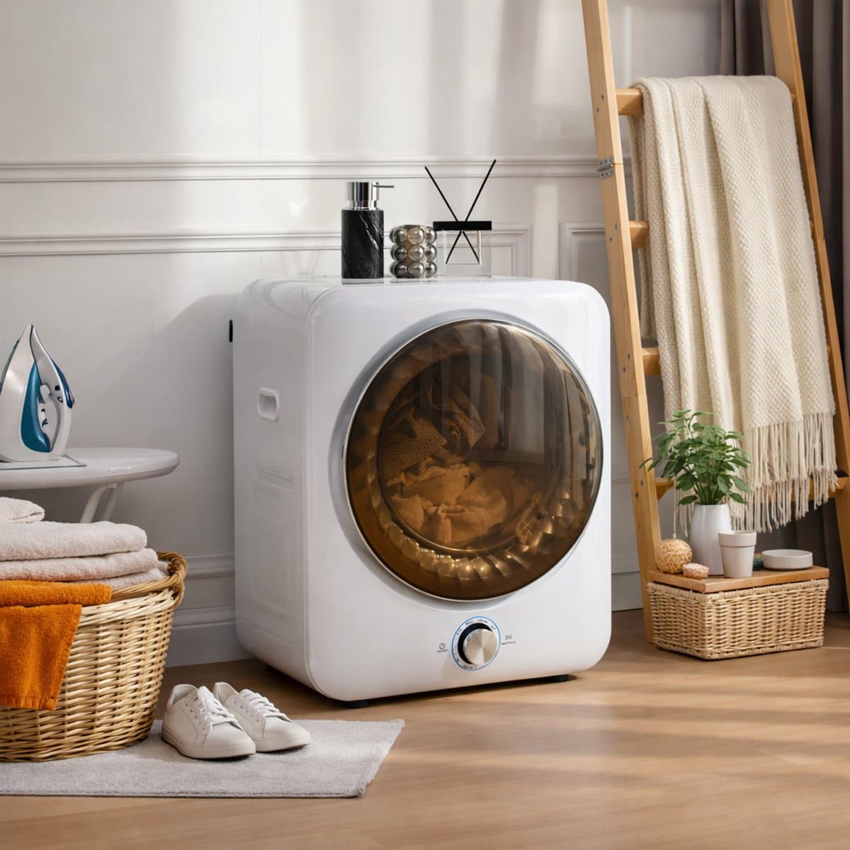 OKWISH Wasdroger – Compact En Stil Drogen – Wandmontage Of Vloerplaatsing – 8 Programma’s – 3 Kg – ABS En Staal – Wit — afbeelding 1
