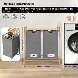 ACXIN Bamboe Wasmand Met 2 Vakken - Oxford Stof - Afneembaar En Wasbaar - 72 L - Grijs — thumbnail 2