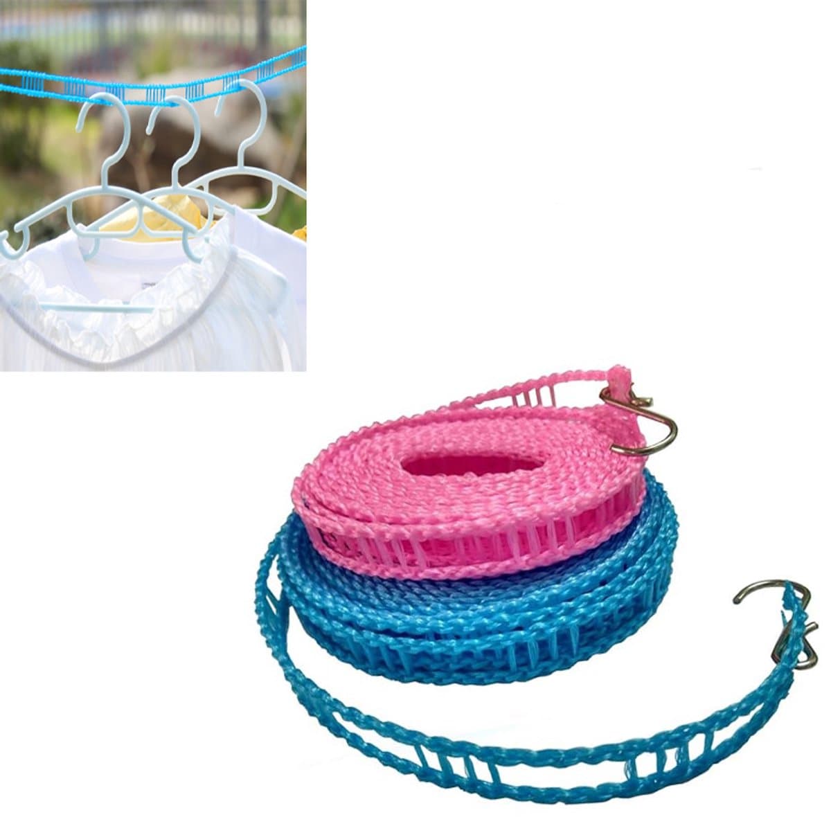 2 stuks- waslijndraad- 5M - Drooglijn voor buiten - Kleding en lakens drogen- weerbestendig - kunststof-Roze en blauw- Ruimtebesparend-Geen ponsen nodig — afbeelding 1