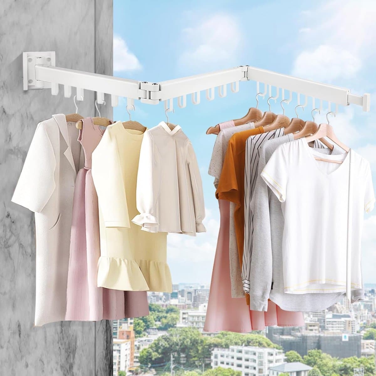 Drying Rack - Wall Mounted Clothes Rail - 120 cm Extendable Folding Clothes Rack - 18 Hanging Hooks for Balcony - Laundry Room - Bathroom - Bedroom - 3 Folding Heats - White — afbeelding 1