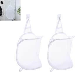 2-stuks Hangende wasmand - Opvouwbare wasmand van gaas - Opbergtas voor aan de muur - Met haak - Gemakkelijk te gebruiken - Ruimtebesparend - Geschikt voor het opbergen van vuile was thuis, kampeertrips, hotels - Wit — thumbnail 1