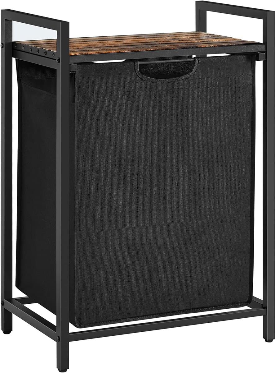 Wasmand, vuilewasmand, met opbergrek en uitschuifbare afneembare waszak, stevig en duurzaam metalen frame, grote capaciteit van 65 liter, geschikt voor wasruimte, slaapkamer en badkamer, 50 x 33 x 72 cm, zwart — afbeelding 1