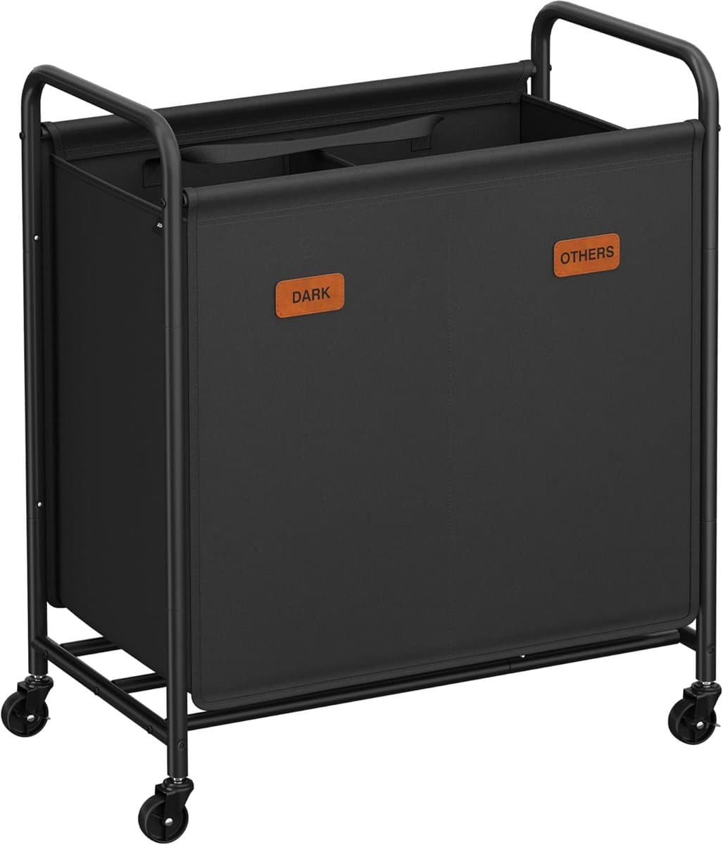 Furnstar Wasmand - Wasmand met wieltjes - 2 vakken - 140L wassorteerder - Beweegbare waswagen - Met 5 etiketten - Voor bijkeuken slaapkamer badkamer - Inktzwart — afbeelding 1