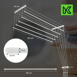 KADAX Plafondwasdroger, wasdroger voor het plafond met 5 stangen, wanddroger met stalen spijlen, plafonddroger, draagvermogen tot 10 kg (wit/130 cm) — thumbnail 2