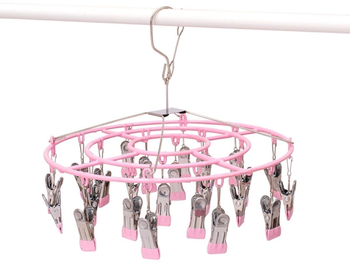 Droogrek voor kleding en sokken van roestvrij staal met 24 clips, draaibare haak en winddichte hanger voor sokken, bh's, handdoeken, ondergoed, wasgoed, hoeden, sjaals, broeken en handschoenen (roze clips) — afbeelding 1