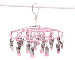 Droogrek voor kleding en sokken van roestvrij staal met 24 clips, draaibare haak en winddichte hanger voor sokken, bh's, handdoeken, ondergoed, wasgoed, hoeden, sjaals, broeken en handschoenen (roze clips)