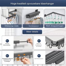 Wanddroogrek inklapbaar - wand droogrek - wanddroogrek uitschuifbaar - Colour Name: Black - 120 cm — thumbnail 5