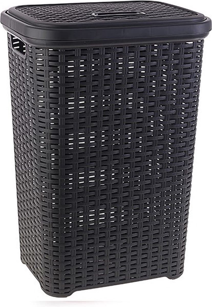 Plasticforte Wasmand met deksel - 60 liter - antraciet - rotan - kunststof - L35 x B43 x H62 cm — afbeelding 1