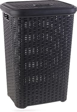 Plasticforte Wasmand met deksel - 60 liter - antraciet - rotan - kunststof - L35 x B43 x H62 cm — thumbnail 1