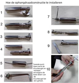 Waslijn van roestvrij staal - Douchegordijnkoord voor de badkamer - Gordijnophangkoord - Gordijnroedeset - Hangende waslijn - Gordijnspankoord - Duurzaam materiaal - Zilver — thumbnail 4