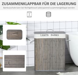 HOMCOM-Wäschekorb-Bambus, Metall-52L x 32B x 63H cm-Grau+Weiß — thumbnail 5