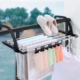 Droogrek - Droogrek voor kleding - Droogrek voor schoenen van roestvrij staal voor balkons - Multifunctioneel opvouwbaar raammodel - Draagbaar opvouwbaar droogrek - geschikt voor Ophangen aan radiator, deur, douchewand of balkon - Zwart — thumbnail 4