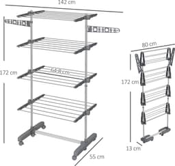 HOMCOM-Wäscheständer-Edelstahl, ABS-142L x 55B x 172H cm-Grau — thumbnail 5