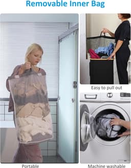 Wasmand op Wielen – 110 Liter – Opvouwbaar – Wasmand Stof - Laundry Basket - Met Deksel & Handvaten - Bamboe - Incl. Waszak - Zwart — thumbnail 3