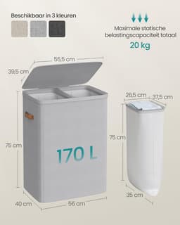Wasmand - 2 Compartimenten - 170L Inhoud - Grijs - 56x40x75 — thumbnail 2