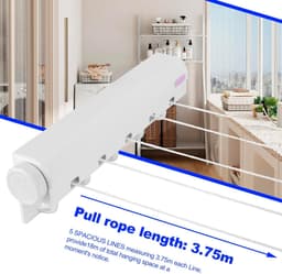 Uittrekbare waslijn, 5-draads wandgemonteerde waslijn Uittrekbare waslijn 3,75 m uittrekbare waslijn met 5 haken voor waslijn Waslijn Terras Balkon — thumbnail 5