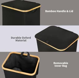 Grote wasmand met deksel, 100 L, vuile mand met handgrepen van bamboe, voor kleding, wasbak Laundry basket XXL, opvouwbaar, met binnenzak met Deksel | Wasbare wasmand | Handdoekopslag | Hamer | Wasbak | Badkameraccessoire — thumbnail 2