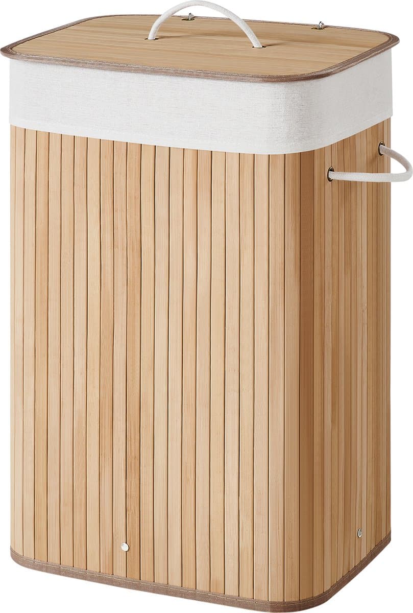 ACAZA Wasmand Met Deksel - 72 - Bamboe - Wasbare Katoenen Waszak - Handvatten - 40 x 30 x 60 cm - Natuurlijk Bruin — afbeelding 1