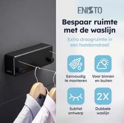 ENISTO® Waslijn - Uittrekbare waslijn - Dubbele lijn - 8,4 meter (2 x 4,2 meter) - Zwart - Alternatief droogrek - Wanddroogrek - Waslijndraad uittrekbaar - Roldrooglijn - Wasdraad - Ruimtebesparend - Met of Zonder boren — thumbnail 5