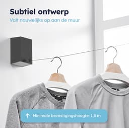 ENISTO® Waslijn - Uittrekbare waslijn - Enkele lijn - 4,2 meter - Zwart - Alternatief droogrek - Wanddroogrek - Waslijndraad uittrekbaar - Roldrooglijn - Wasdraad - Ruimtebesparend - Met of Zonder boren — thumbnail 2