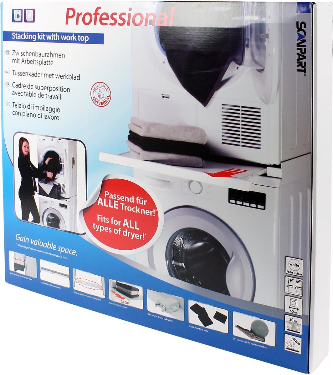 Scanpart tussenstuk voor wasmachine en droger met werkblad inclusief spanband - Ideaal voor zwaardere warmtepompdrogers - Geschikt voor AEG Bosch LG Miele Samsung Siemens Zanussi Whirlpool - Stapelkit - Universeel — afbeelding 1