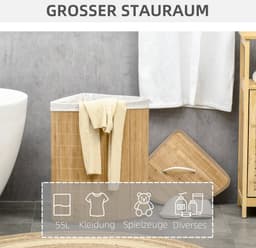 Wasmand van 55 liter met deksel - handvat - wassorteerder met uitneembare waszak voor de badkamer - bamboe - naturel — thumbnail 2