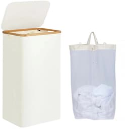 Noventra - Wasmand 100 Liter - Wasmand met Deksel - Wasmand met Waszak - Bamboe Rand - Opvouwbaar - Wasgoed Wasmand - Kledingmand - Wasmand Badkamer - Wit — thumbnail 1